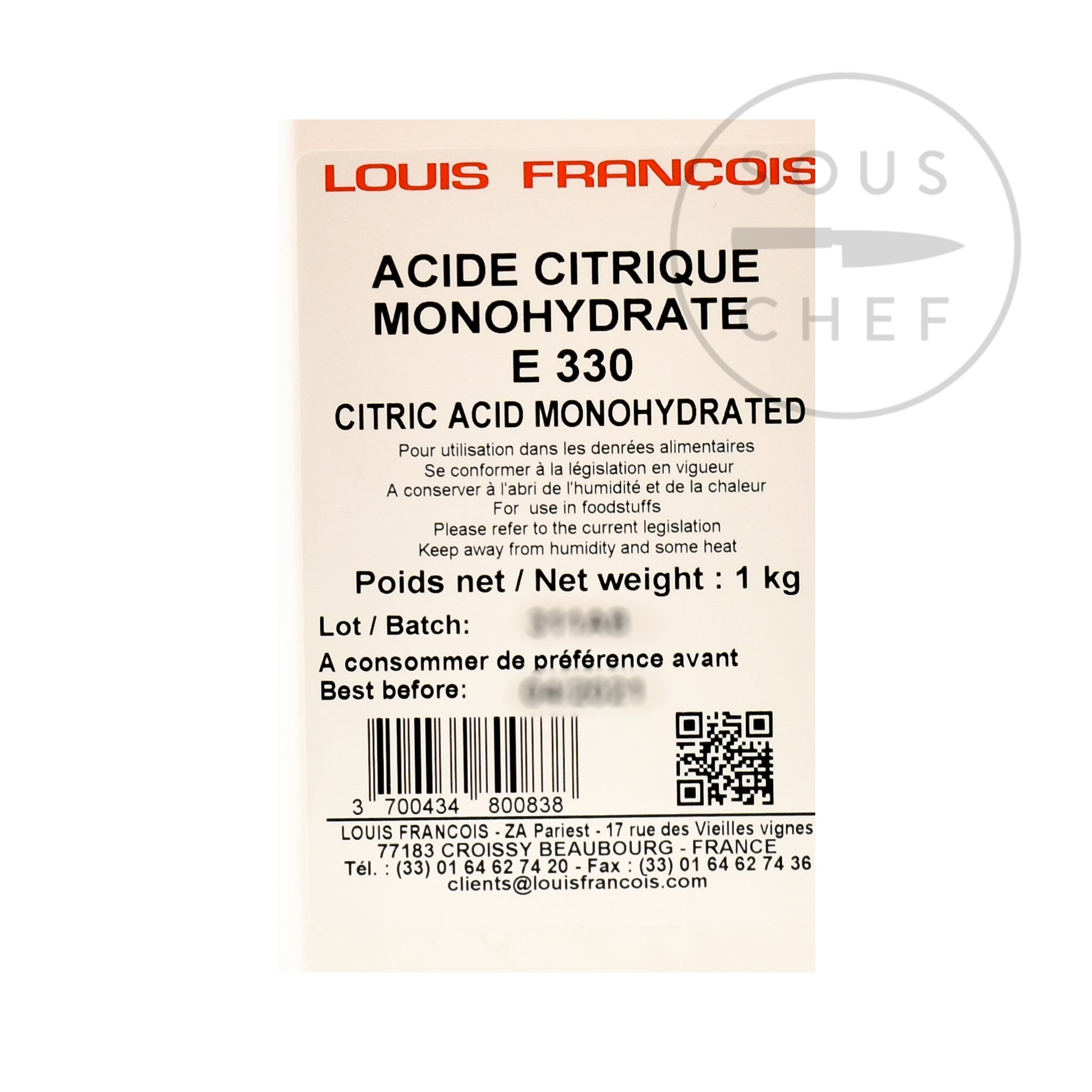 Acidifier Citric Acid (Acid Citrique), Poudre (E330), Louis Francois, 1 kg,  sac