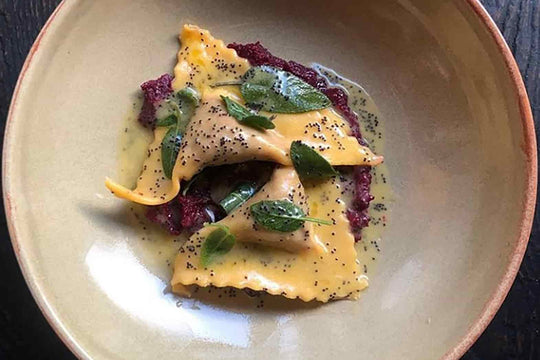 Beetroot and smoked ricotta ravioli