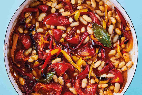 Slow Roasted Peppers With Chilli, Lemon & Garlic Beans