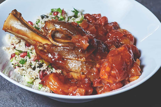 Spiced Apricot Harissa Lamb shanks with Jewelled Cous Cous