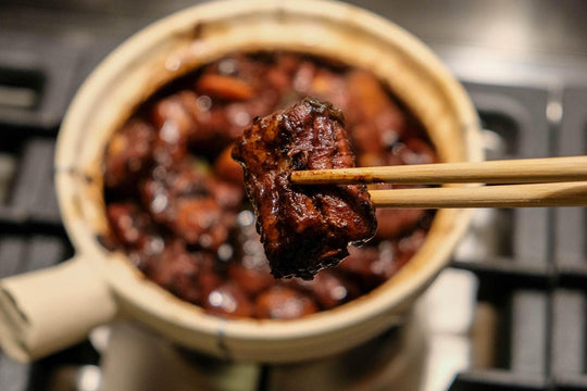 Braised pork ribs with chestnuts and black garlic