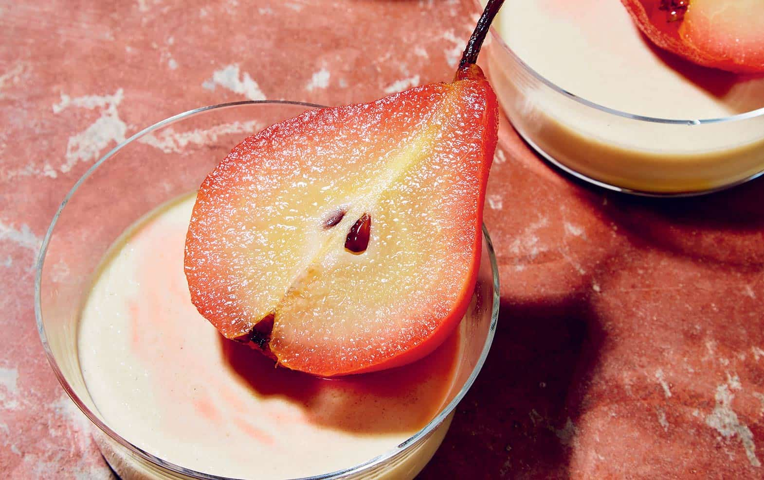 Vegan Saffron Panna Cotta Pots and Poached Pears, by Bettina Campolucci Bordi