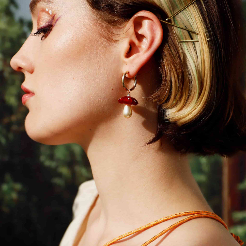 Wolf & Moon Red Mushroom Hoop Earrings