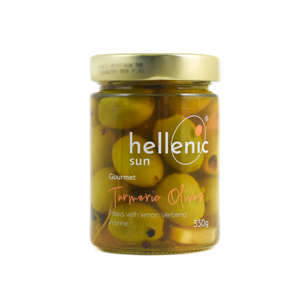 Hellenic Sun Pitted Turmeric Olives with Lemon Verbena, 330g