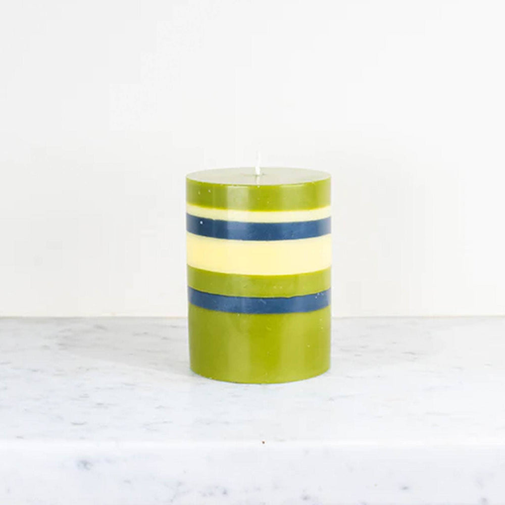 Striped Pillar Candle, Olive & Navy, 10cm