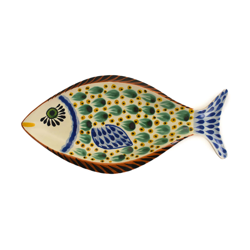 Mexican Hand Painted Green Fish Serving Dish, 14x25cm