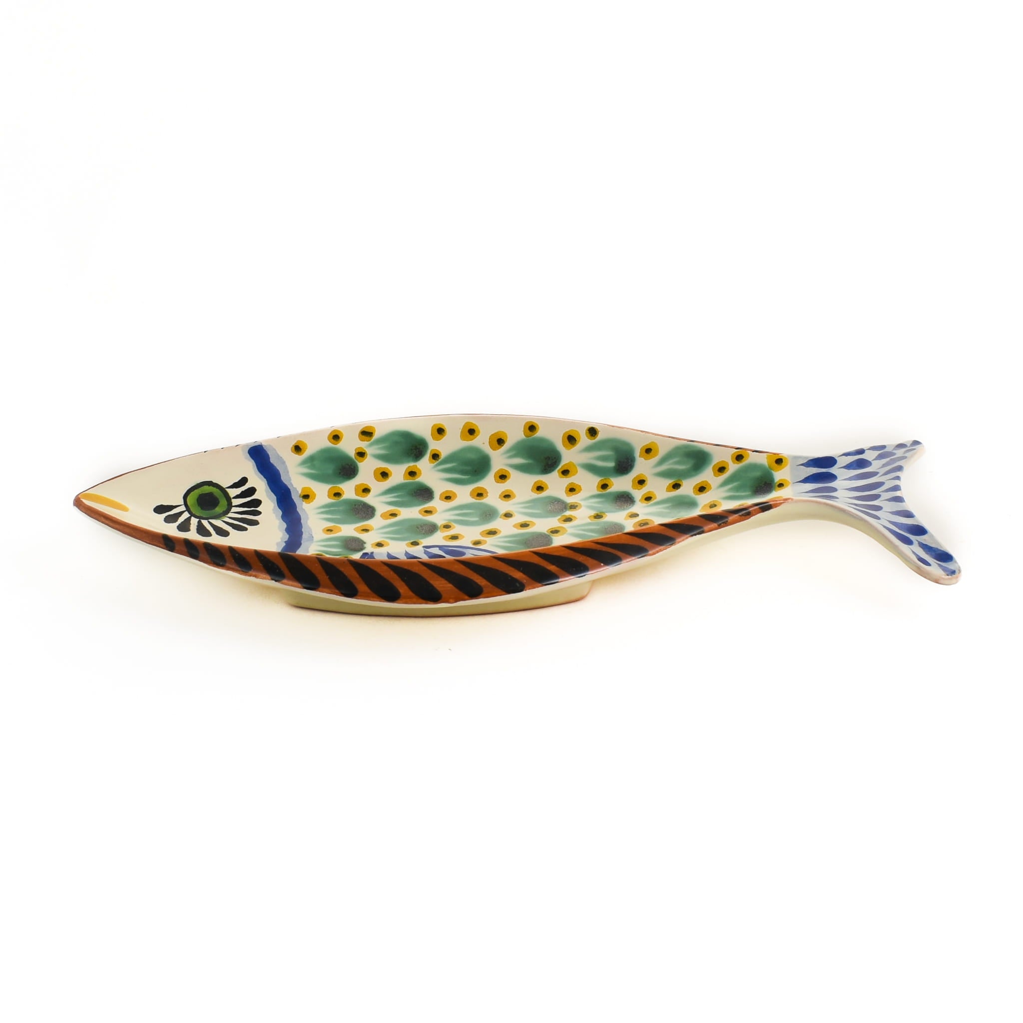 Mexican Hand Painted Green Fish Serving Dish, 14x25cm