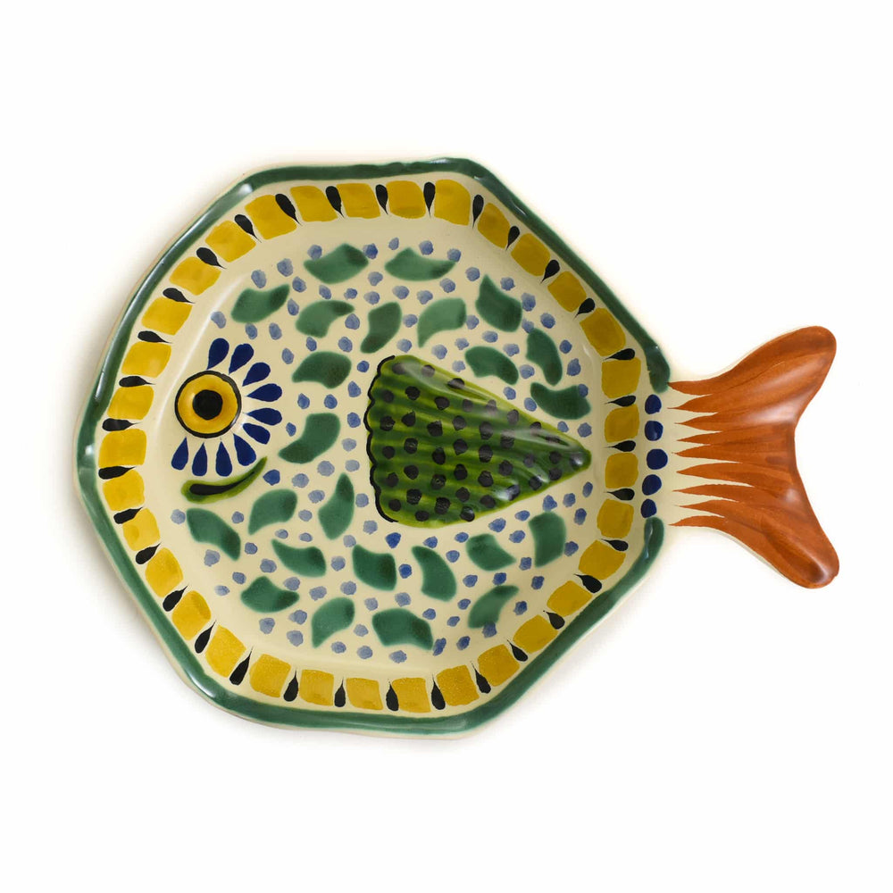 Mexican Hand Painted Green & Yellow Fish Dish, 14x19cm