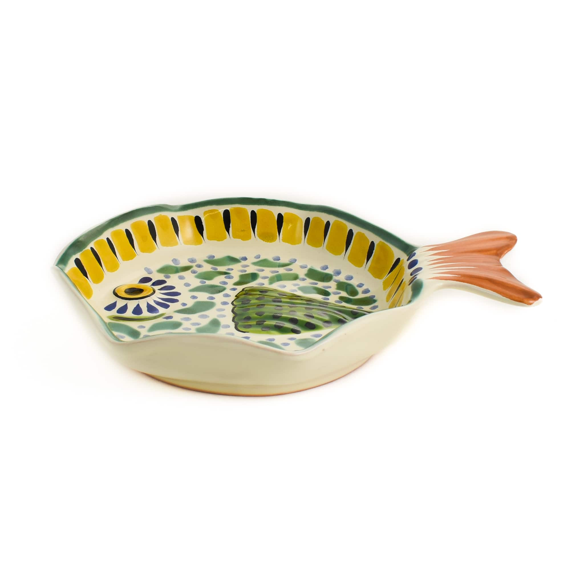 Mexican Hand Painted Green & Yellow Fish Dish, 14x19cm