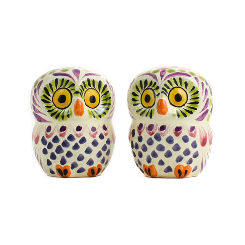 Mexican Hand Painted Purple Owl Salt & Pepper Shaker Set