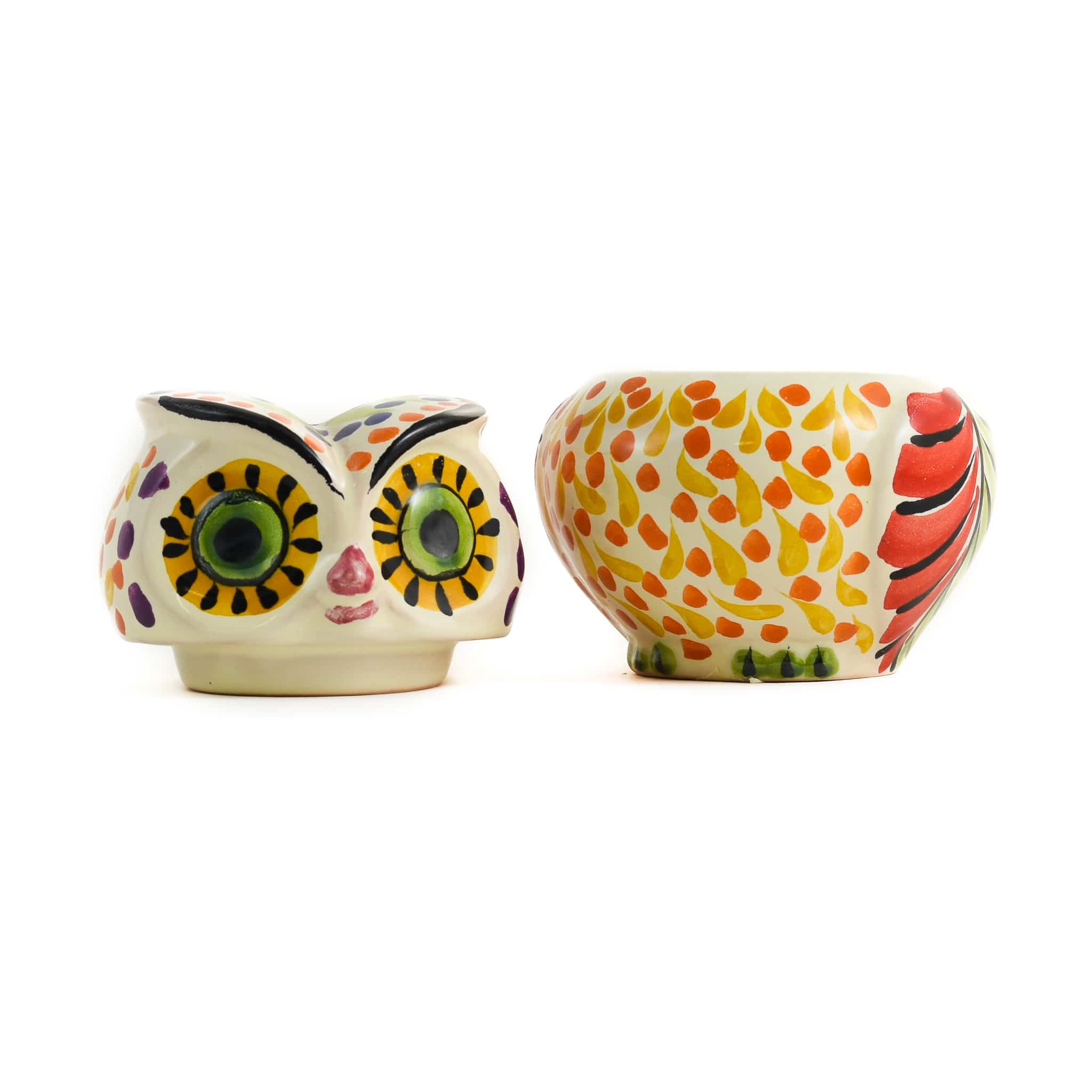 Mexican Hand Painted Orange Owl Sugar Bowl