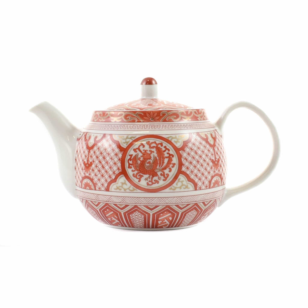 Seikou Porcelain Red Motif Japanese Teapot