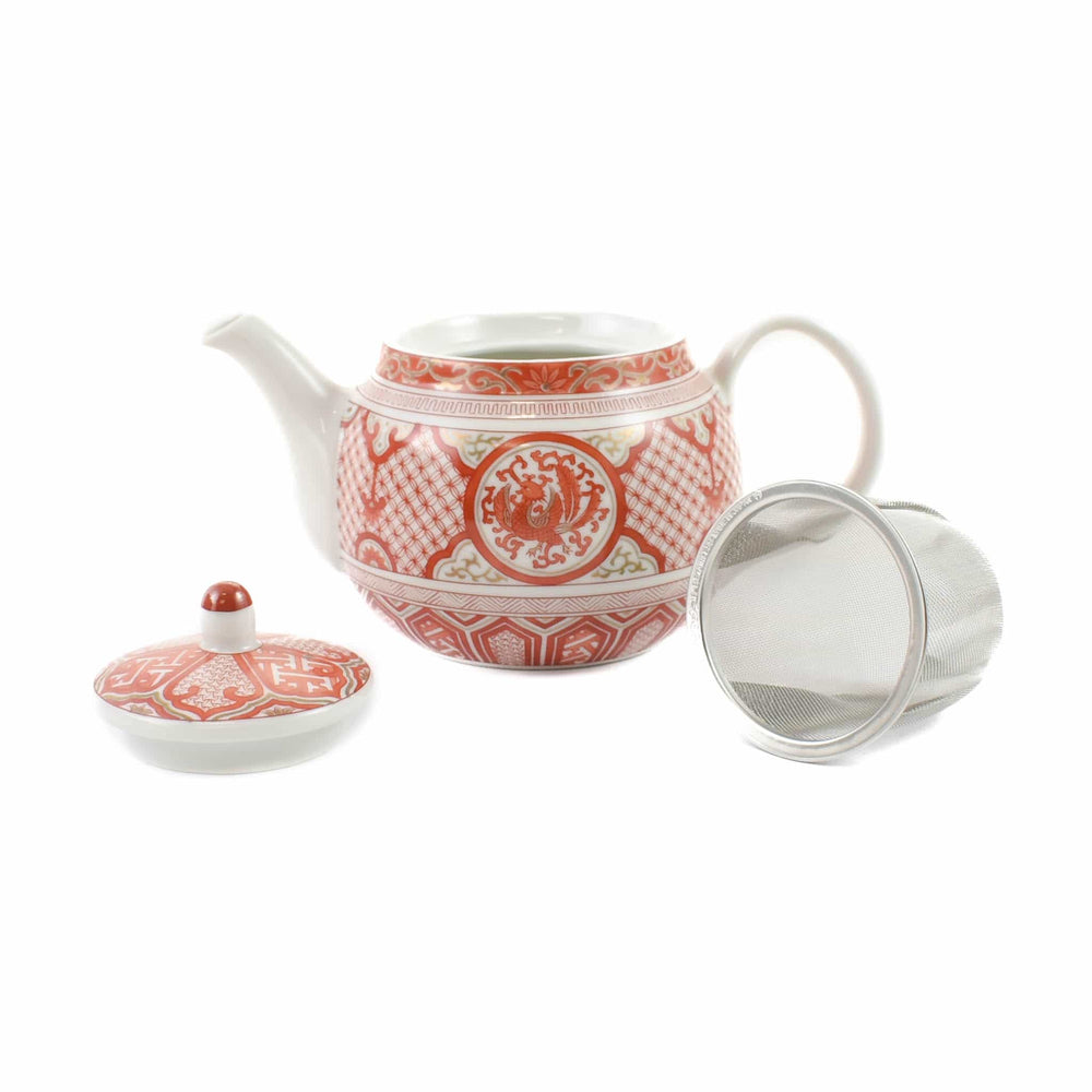 Seikou Porcelain Red Motif Japanese Teapot