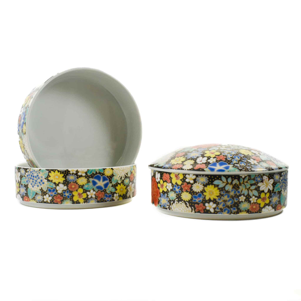 Seikou Porcelain Black Floral Motif Sweets Container, 3 Compartments