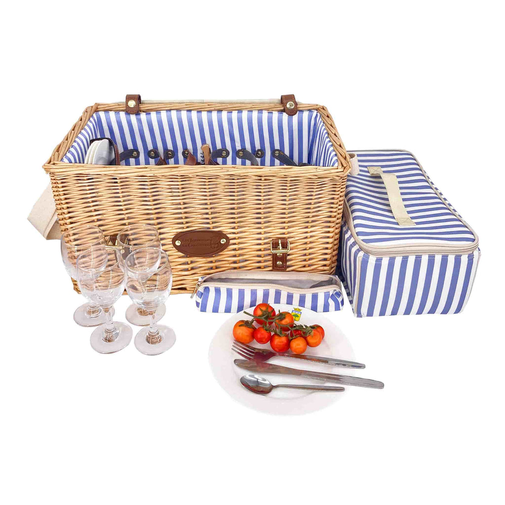 Saint-Malo Blue Striped Picnic Basket with Table, 4 Person