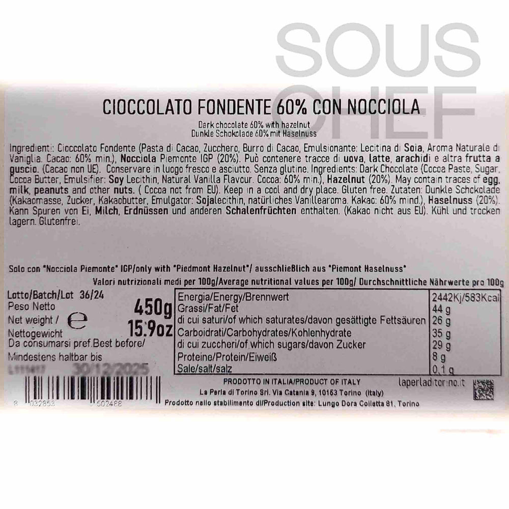 La Perla di Torino 60% Dark Chocolate Slab with Whole Roasted Hazelnuts, 450g