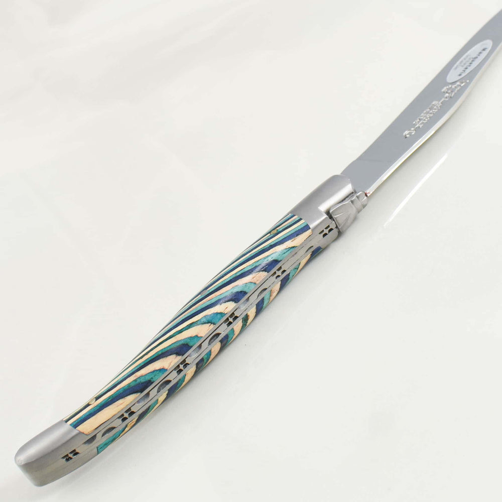 Laguiole en Aubrac Turquoise Soft Cheese Knife, Striped Wood