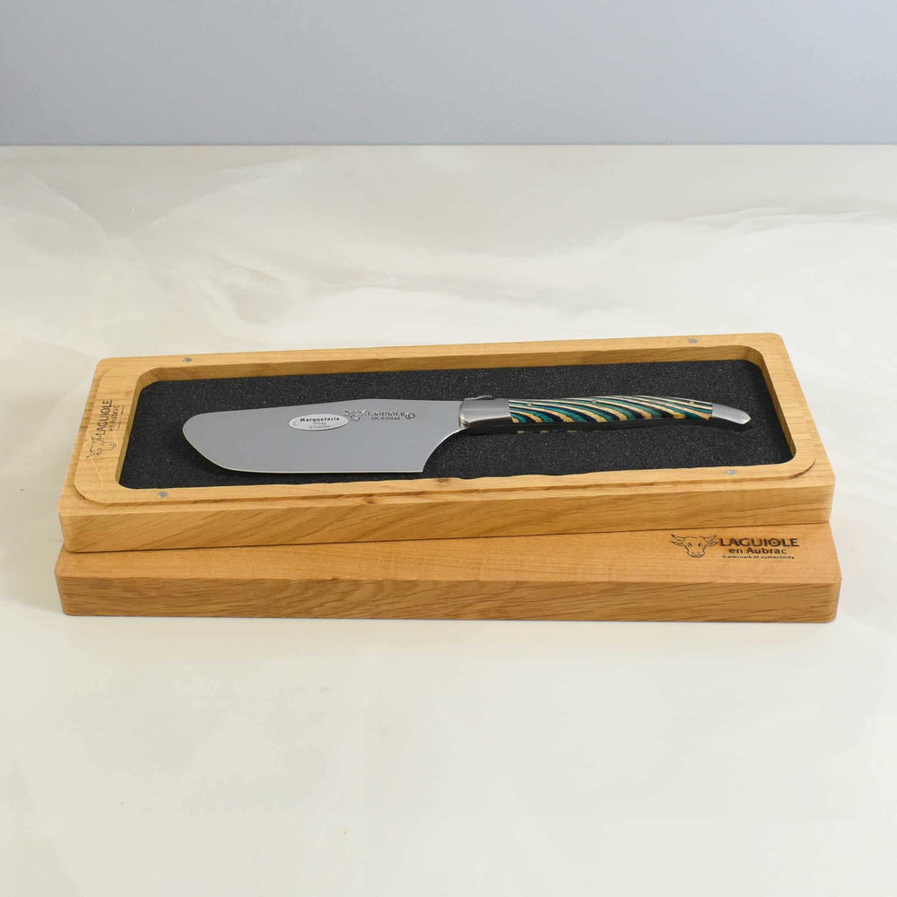 Laguiole en Aubrac Turquoise Hard Cheese Knife, Striped Wood