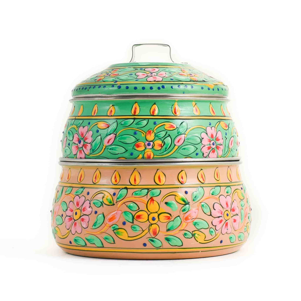 Hand Painted Two Tier Pink & Green Tiffin Tin, 750ml