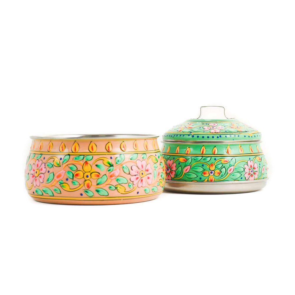 Hand Painted Two Tier Pink & Green Tiffin Tin, 750ml