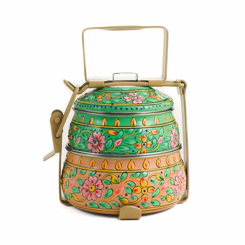 Hand Painted Two Tier Pink & Green Tiffin Tin, 750ml