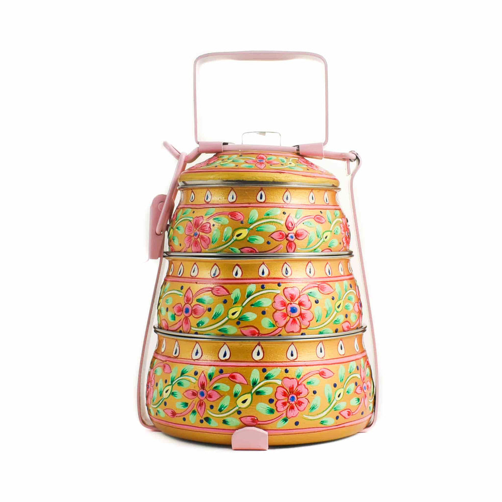 Hand Painted Three Tier Yellow Tiffin Tin, 1.5 Litre