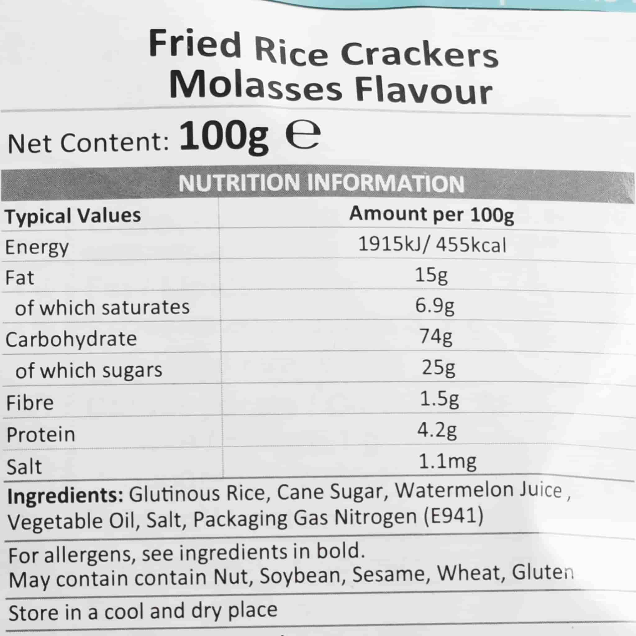 Molasses Rice Crackers, 100g Ingredients and Nutritional Information