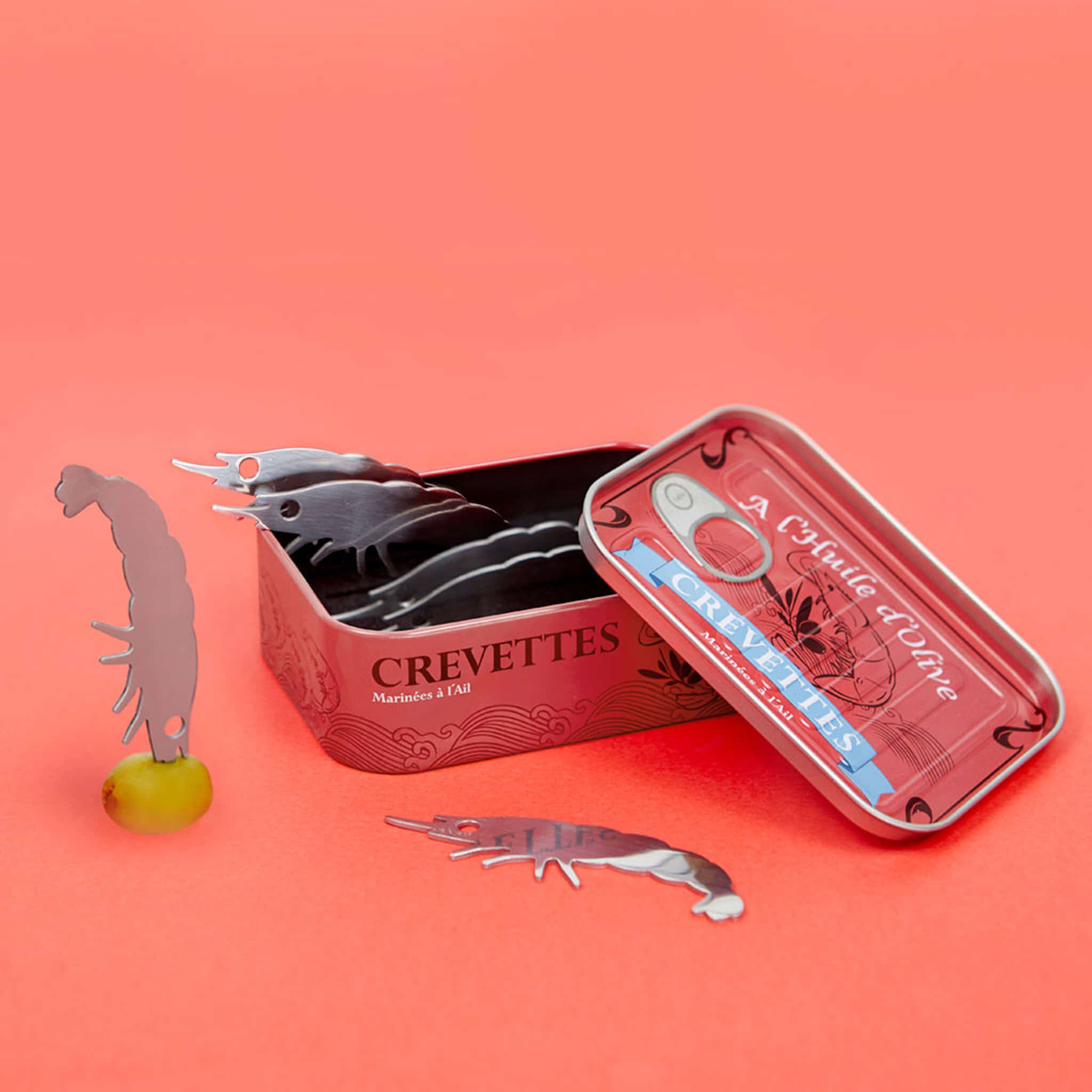 Set of 6 Prawn Snacking Forks in a Tin