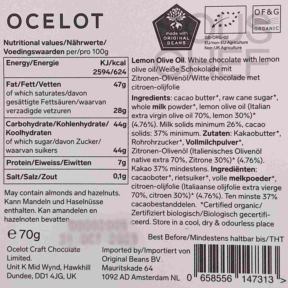 Ocelot Organic White Chocolate & Lemon Olive Oil Chocolate Bar, 70g