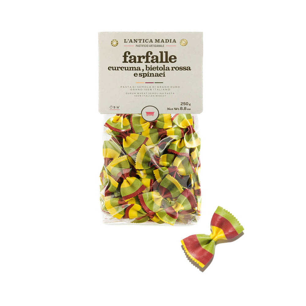 Pasta L'Antica Striped Farfalle with Turmeric, Beetroot & Spinach, 250g