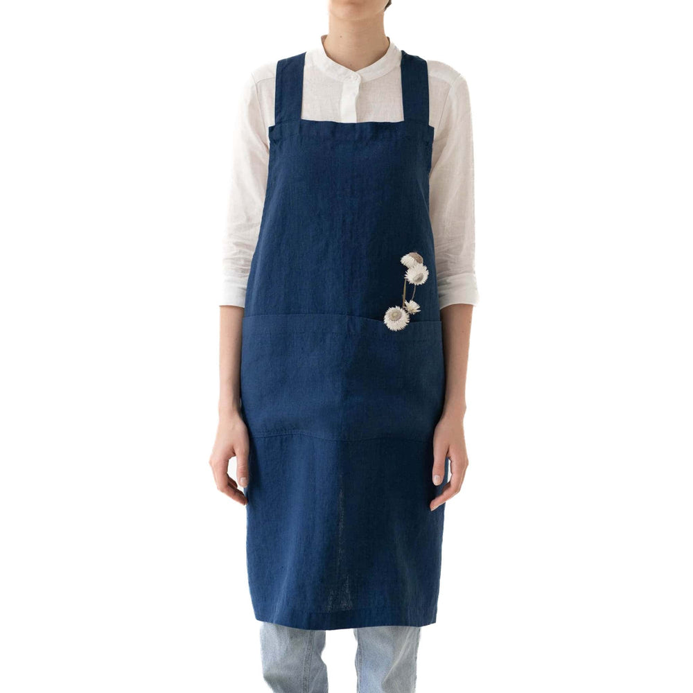 Navy Crossback Linen Apron