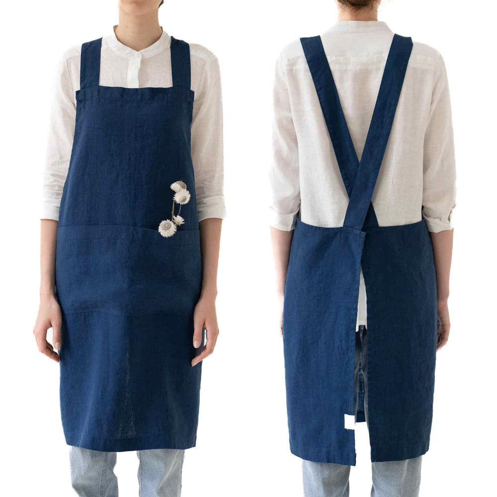 Navy Crossback Linen Apron