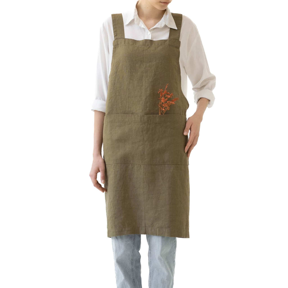 Olive Crossback Linen Apron