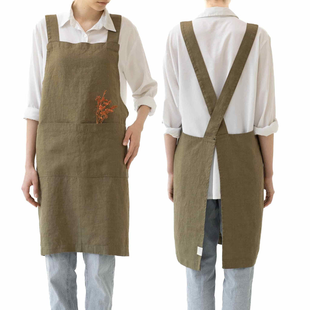 Olive Crossback Linen Apron