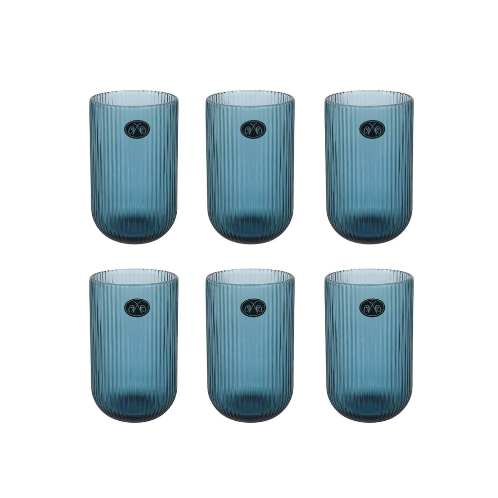 Set of 6 Ribbed Blue Highball Glasses, 430ml