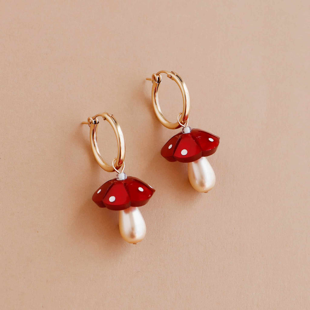 Wolf & Moon Red Mushroom Hoop Earrings