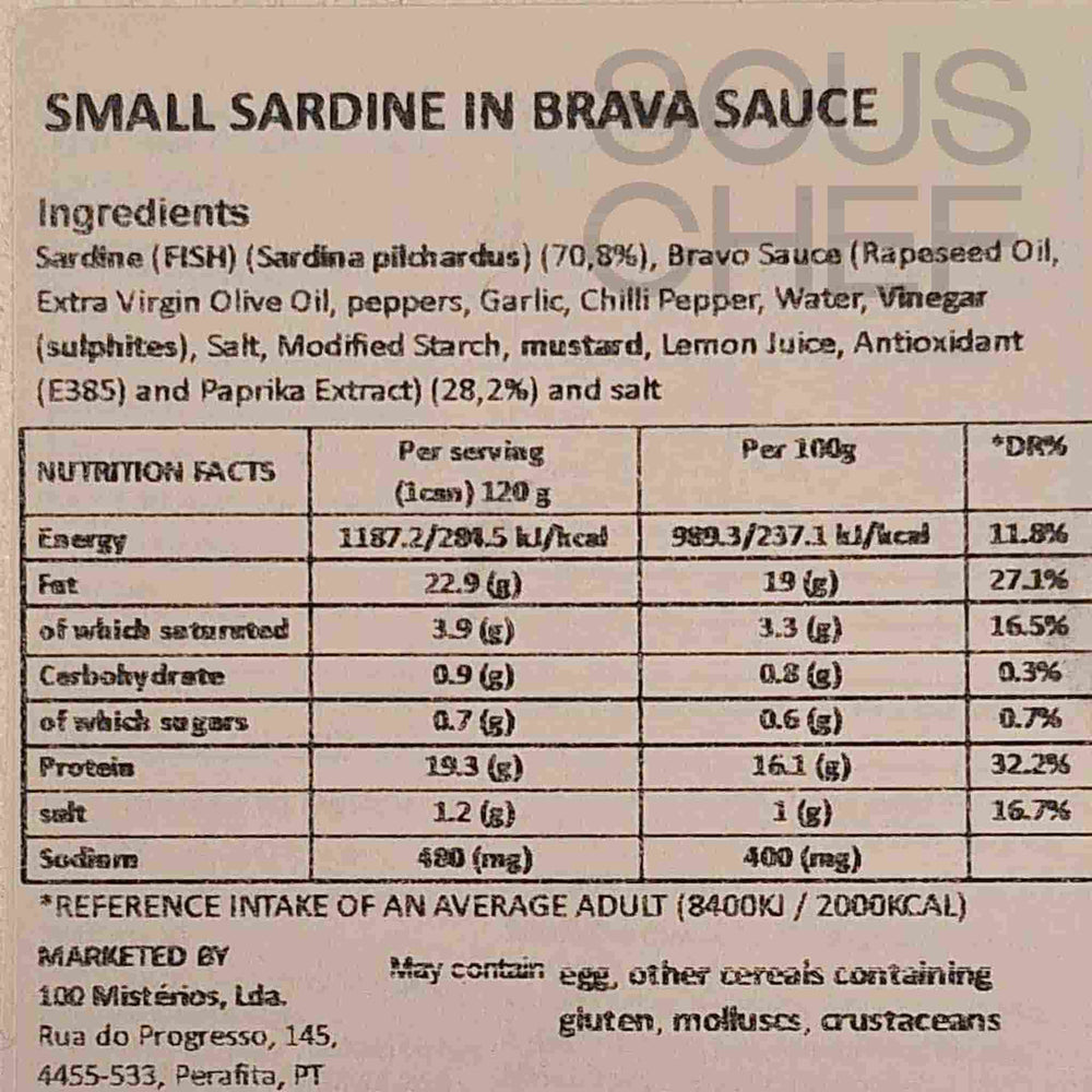 ABC+ Small Sardines in Brava Sauce, 125g  Ingredients and Nutritional Information	
