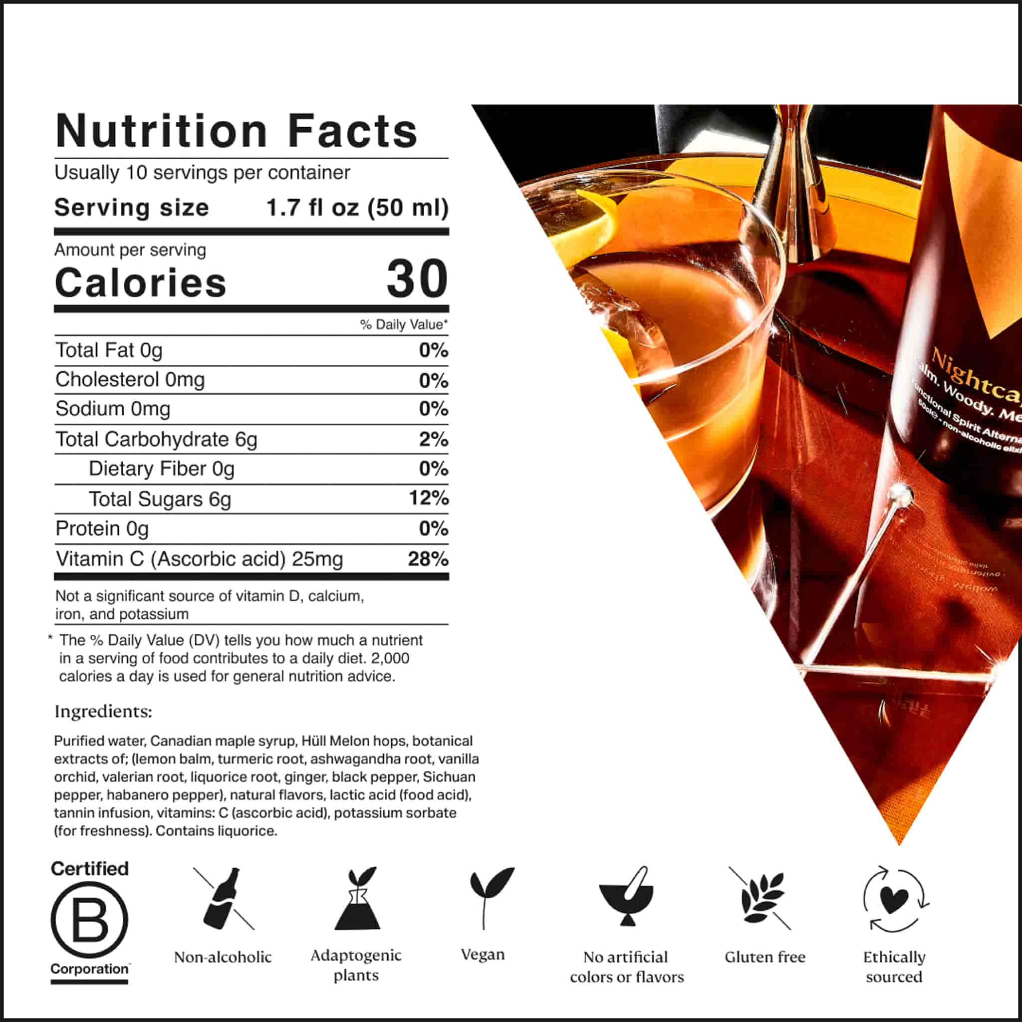 Three Spirit Drinks The Nightcap, Woody 0% Spirit, 500ml Ingredients and Nutritional Information	
