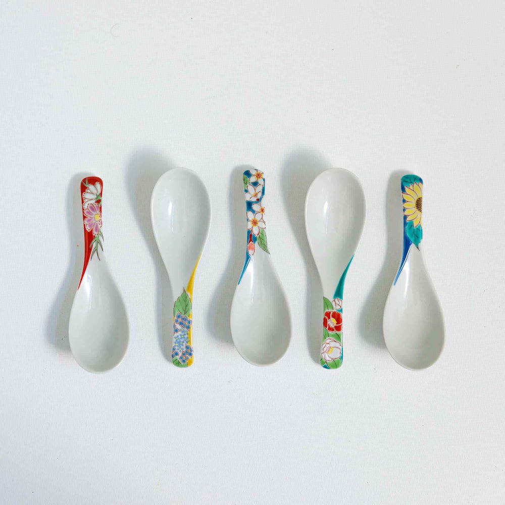 Seikou Porcelain Assorted Floral Soup Spoons, Set of 5