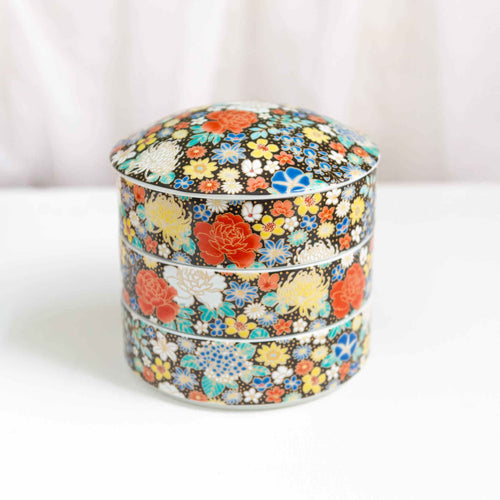 Seikou Porcelain Black Floral Motif Sweets Container, 3 Compartments