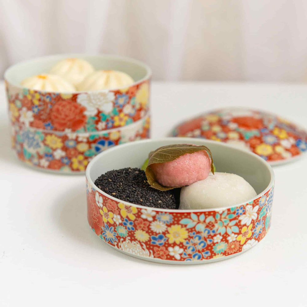 Seikou Porcelain Red Floral Motif Sweets Container, 3 Compartments