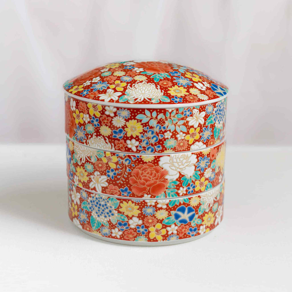 Seikou Porcelain Red Floral Motif Sweets Container, 3 Compartments