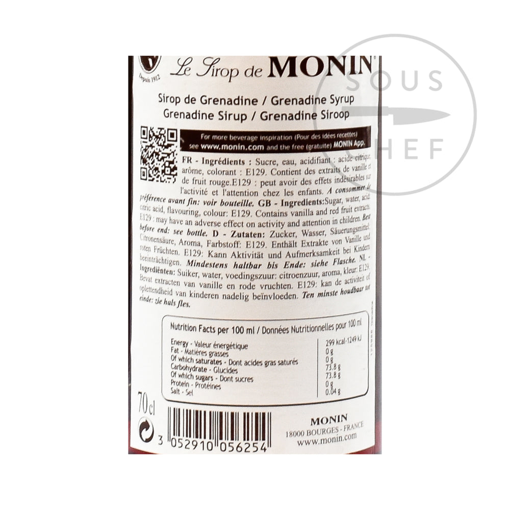 Monin Grenadine Syrup 70cl nutritional information ingredients