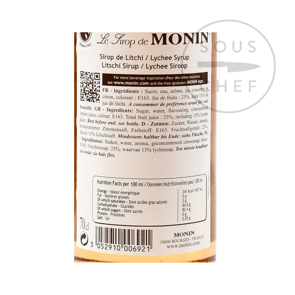 Monin Lychee Syrup 70cl nutritional information ingredients