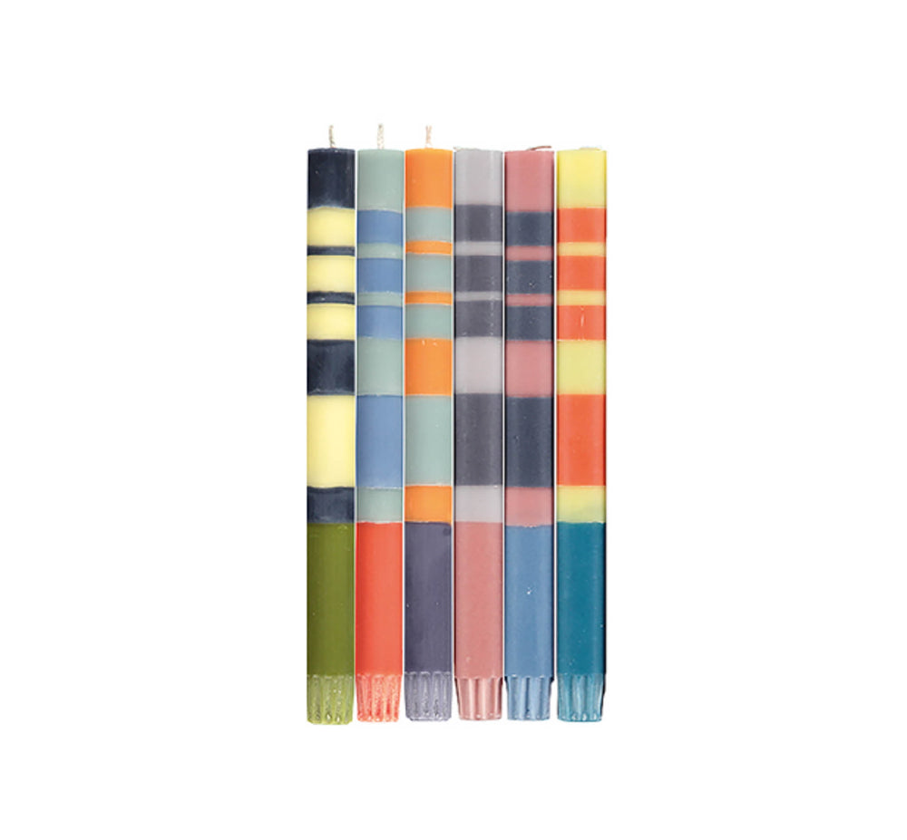 Set of 6 Striped Dinner Candles - Warm Tones, Multicolour