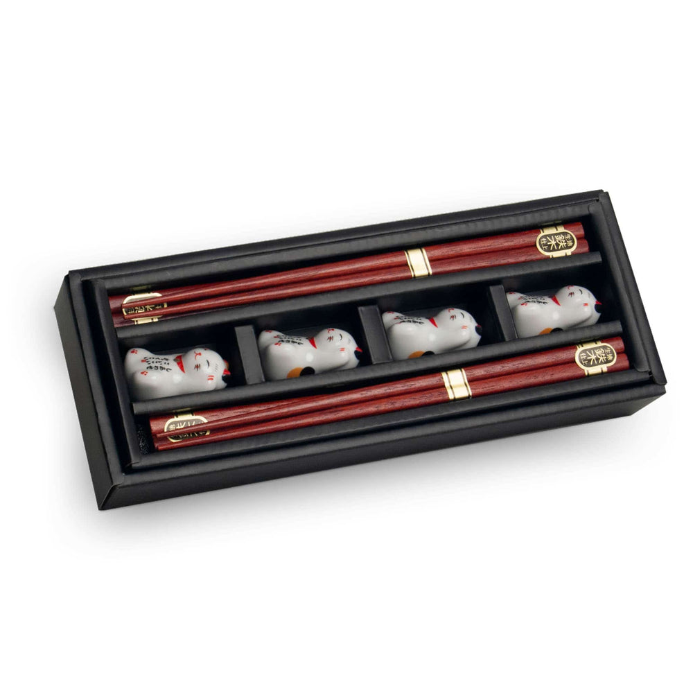 Lucky Cats Chopstick & Rest Set, 4 Pairs