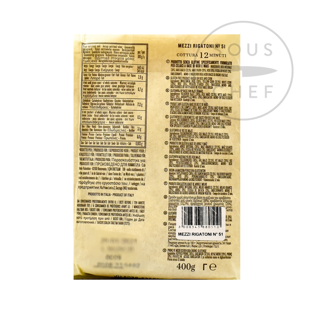 Rummo Gluten Free Mezzi Rigatoni 400g nutritional information ingredients