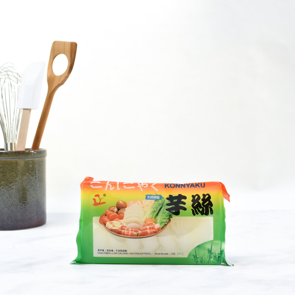 Shirataki Konnyaku Noodle Nests - Knot Yam Noodle 228g drained lifestyle photograph