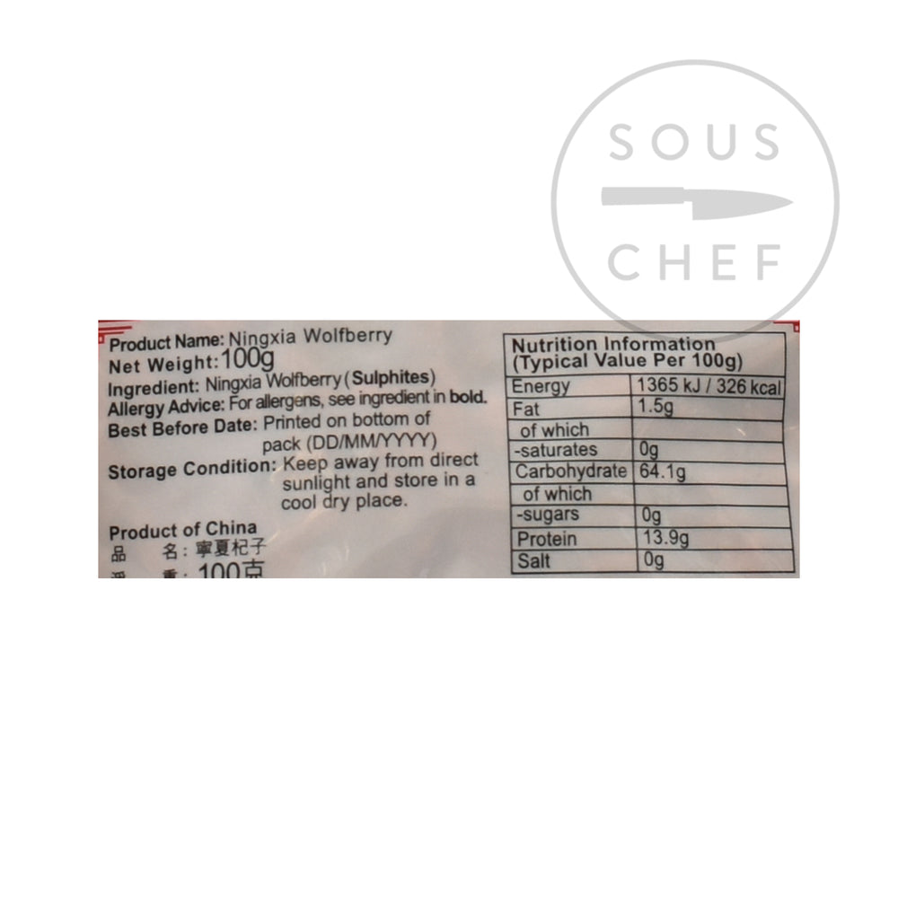 Goji Berries 100g nutritional information ingredients