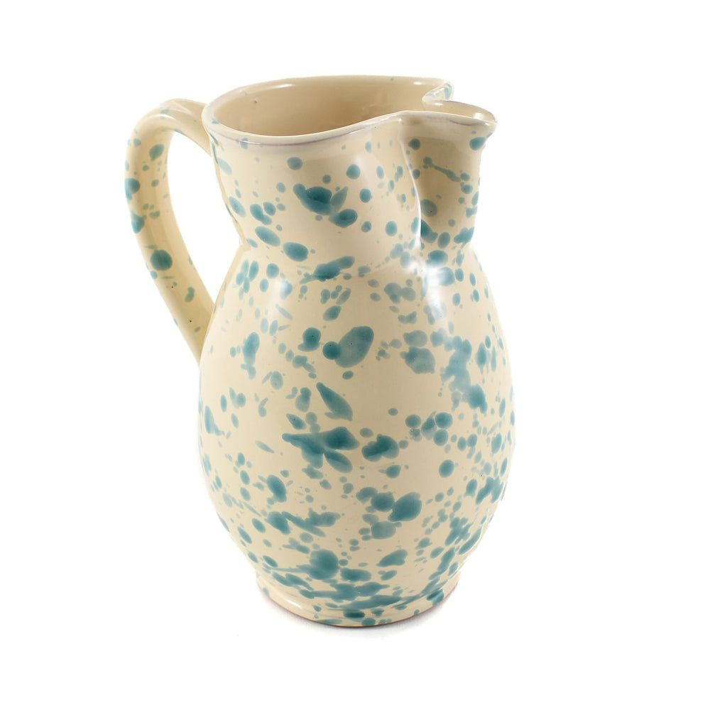 Puglia Aquamarine Splatter Ceramic Pitcher angled